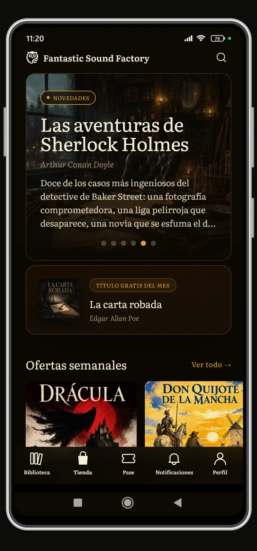 Tienda: Las aventuras de Sherlock Holmes en novedades, La Carta Robada como título gratis del mes y Drácula y Don Quijote en ofertas semanales