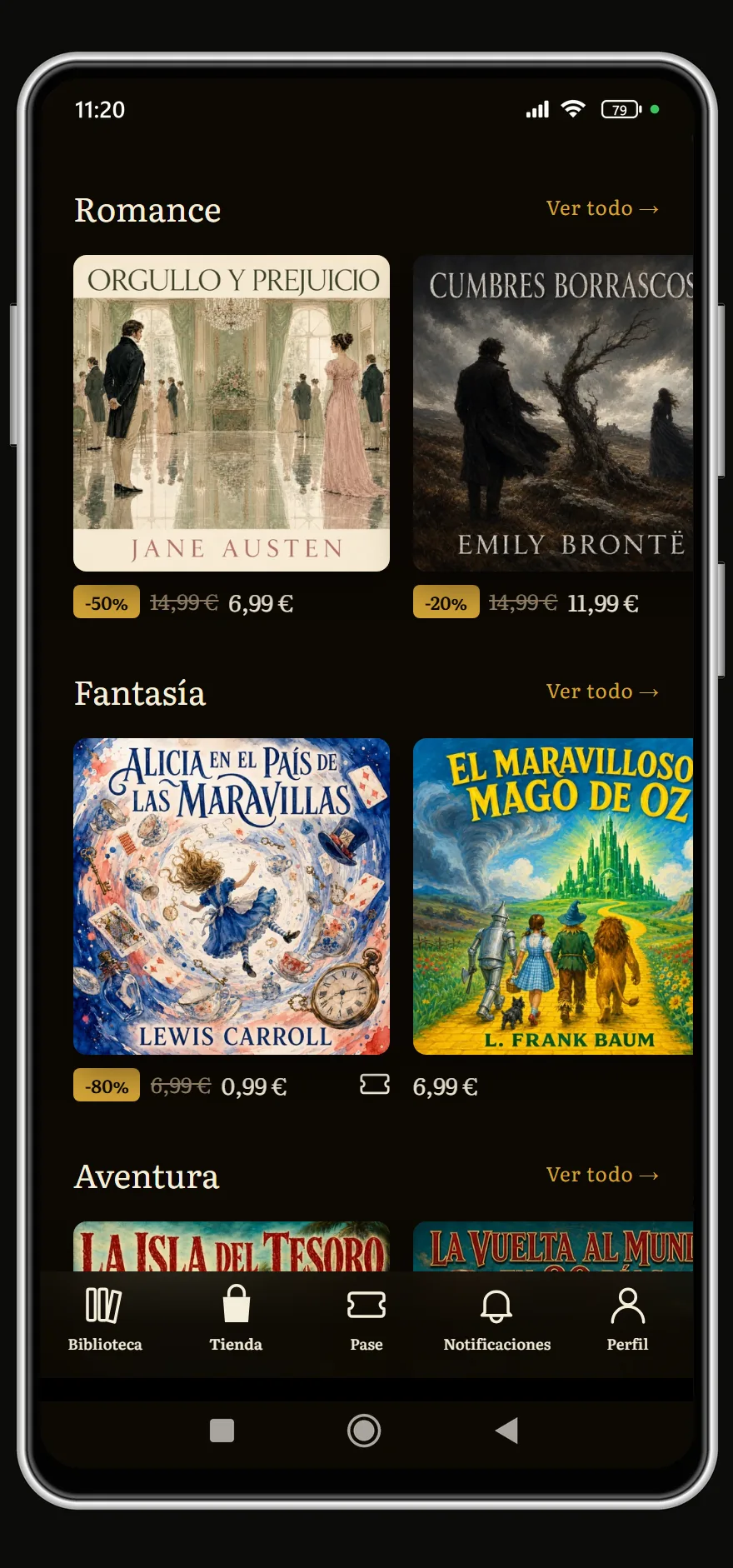 Romance y fantasía: Orgullo y prejuicio, Cumbres borrascosas, Alicia en el país de las maravillas y El maravilloso mago de Oz